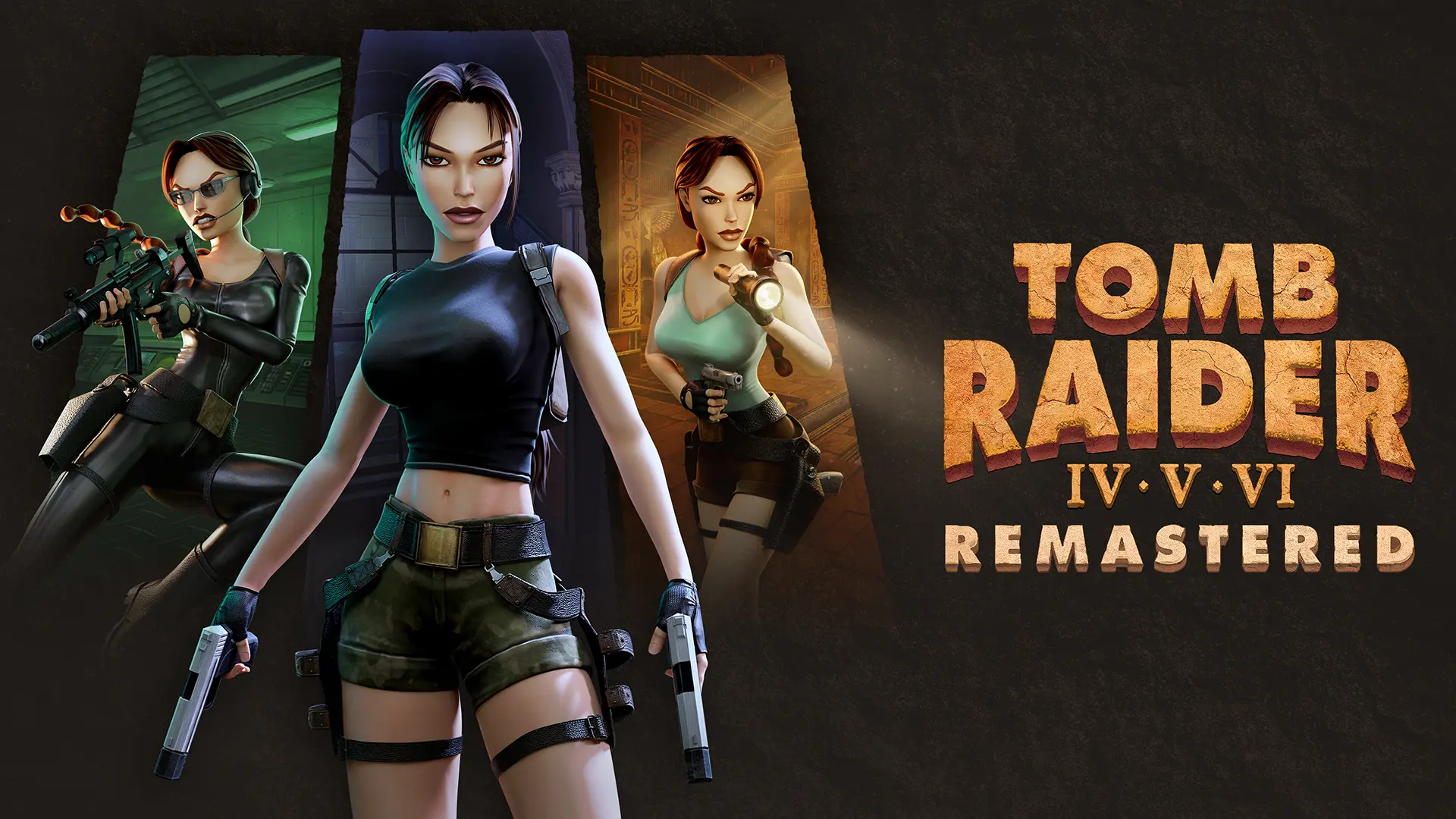 Three versions of Lara Croft to the left of the Tomb Raider IV-VI Remastered logo