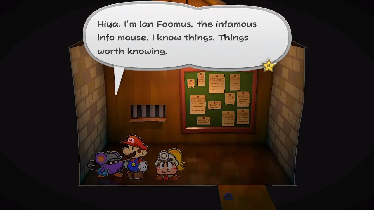 Mario and Goombella talking to Ian Foomus in the Trouble Center in the Paper Mario: The Thousand-Year Door video game