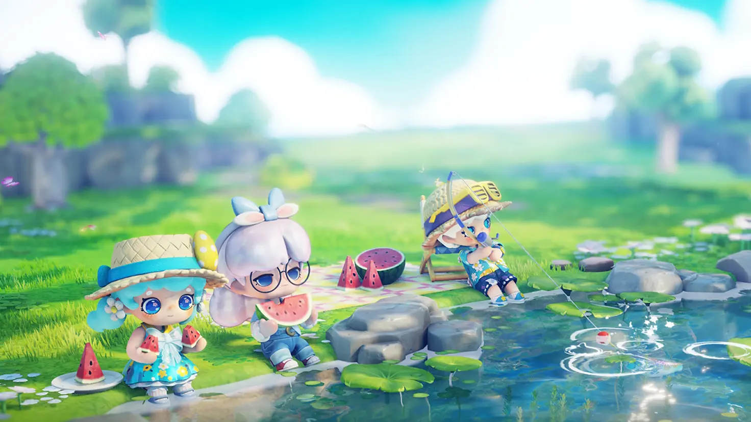 Three cutesy character sit by a river in Floatopia. One fishes while others eat watermelon.