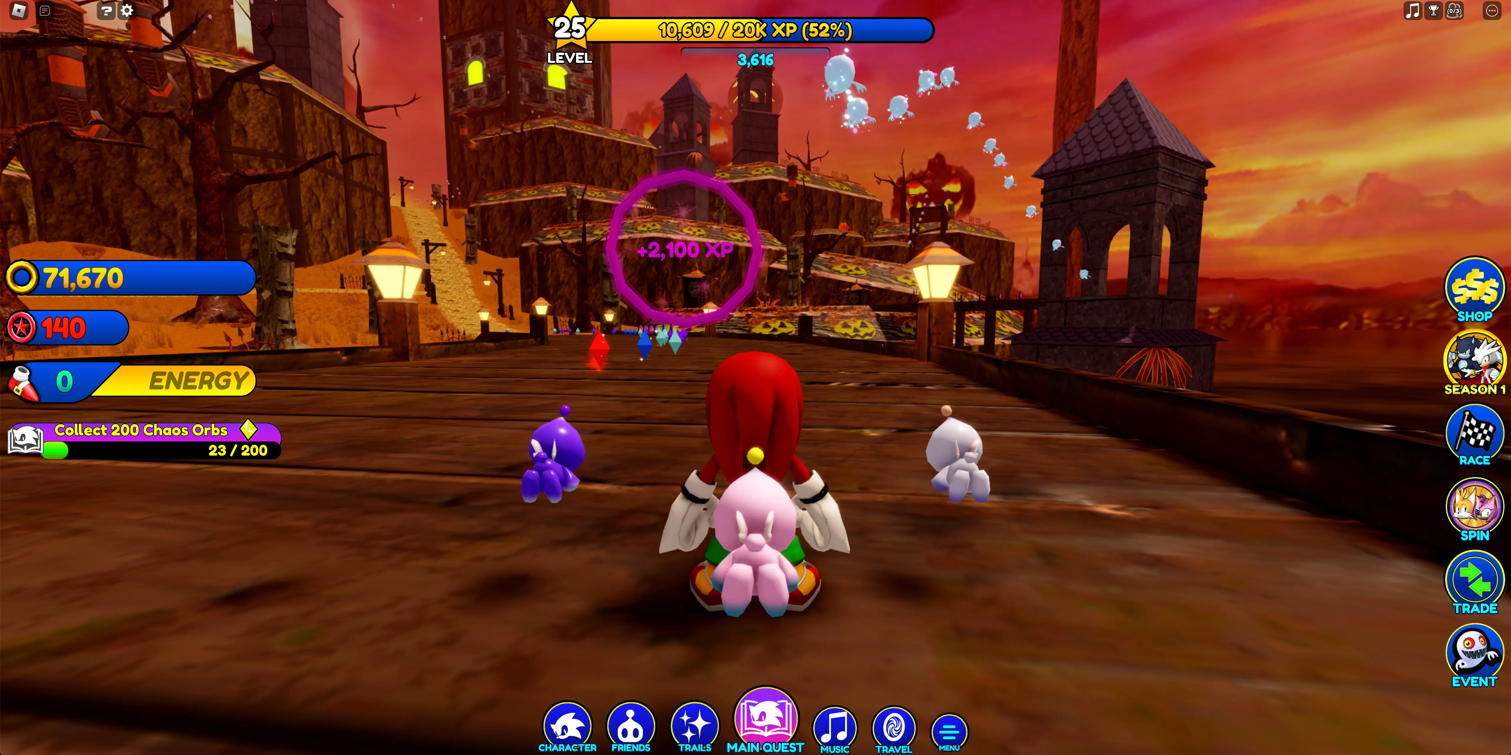 Knuckles and three Chao look toward spooky buildings and Halloween decorations in the Sonic Speed Simulator Roblox experience