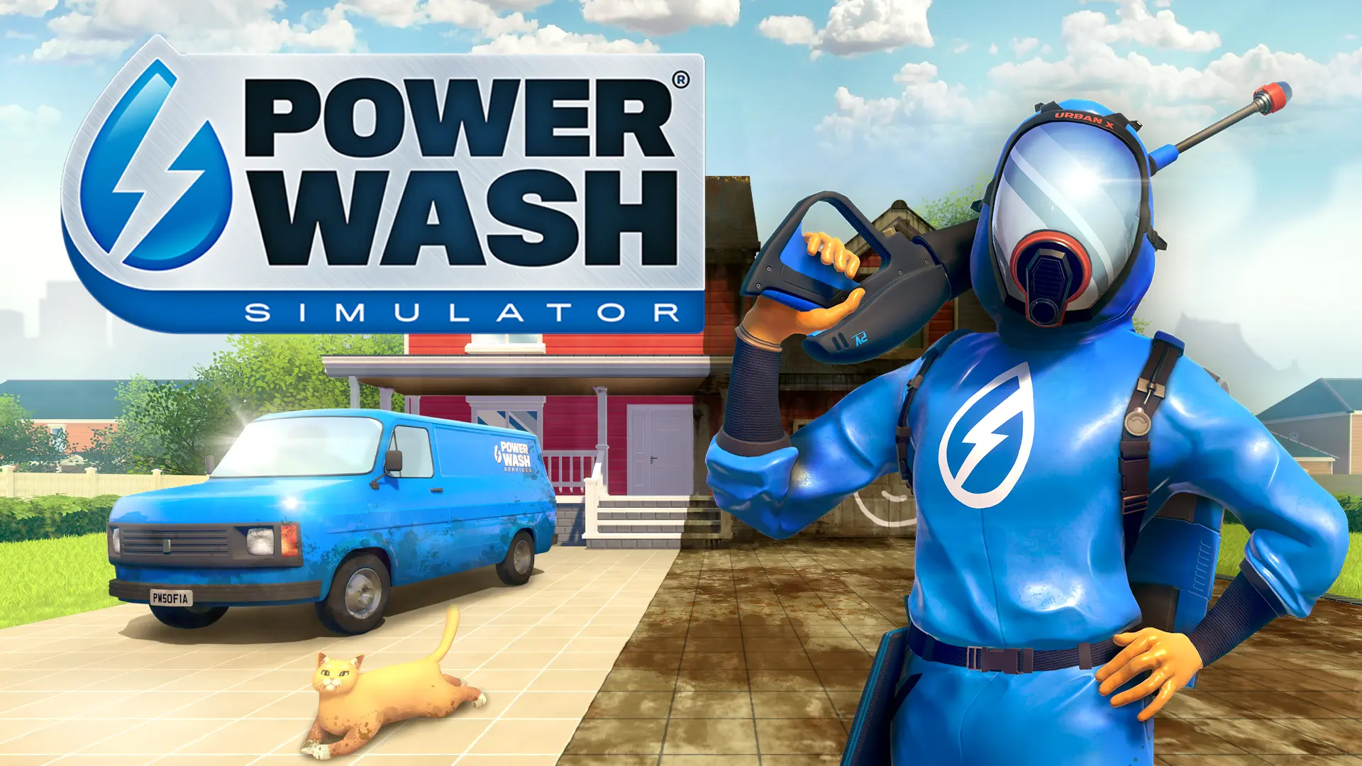 Powerwash employee in a blue rubber suit and mask holds a powerwashing tool over their right shoulder. A work van and cat are in a driveway at left with the Powerwash Simulator logo at top-left