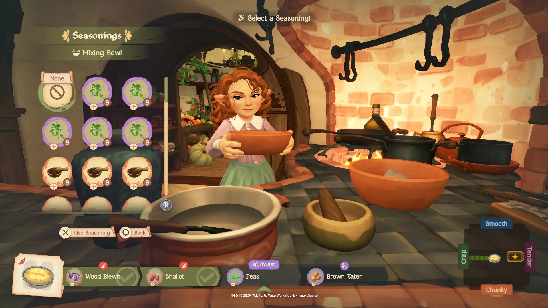 A menu showing some of the Seasonings players can use when cooking dishes the Tales of the Shire video game