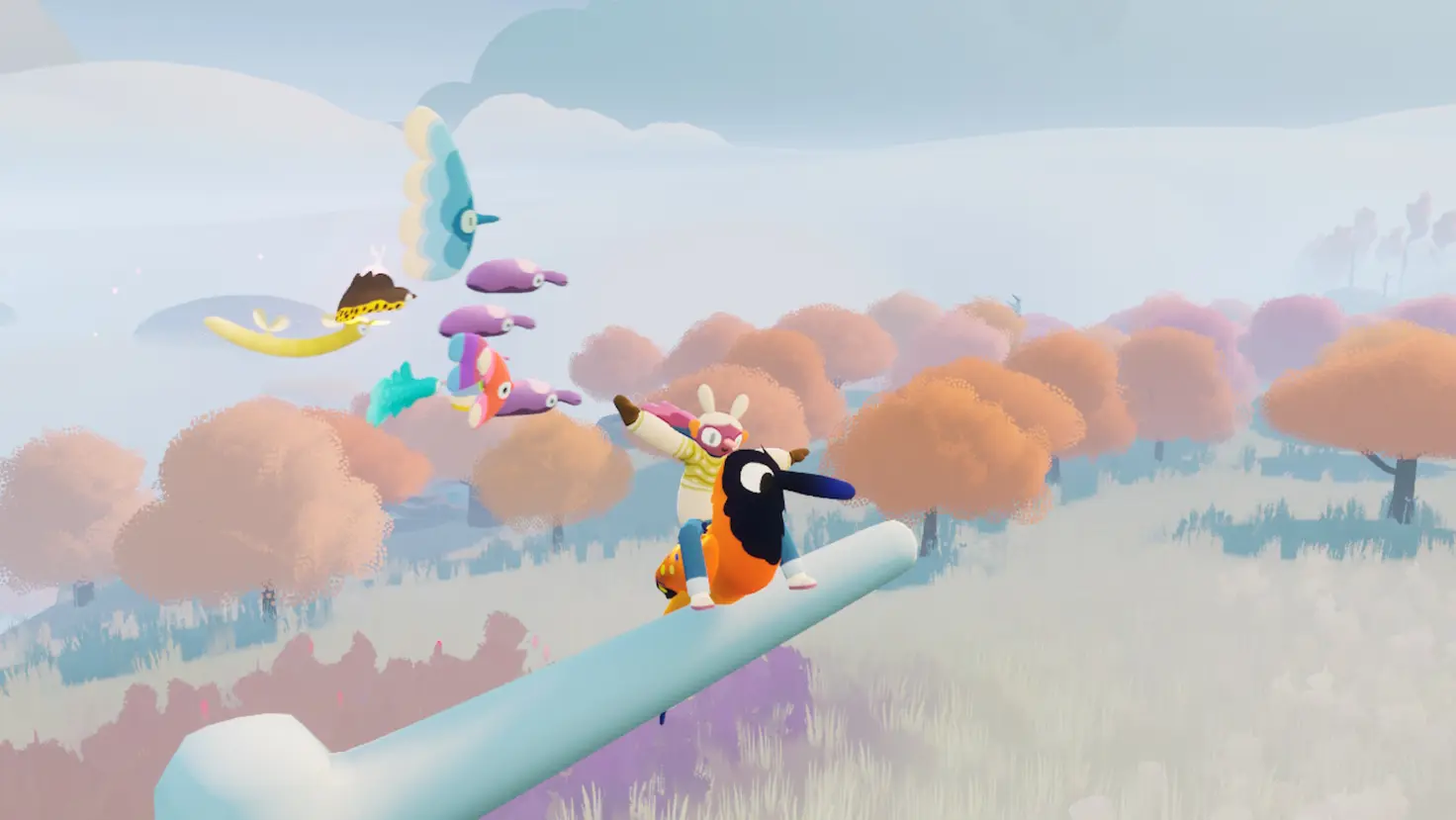 In Flock, the player sits on their bird on a perch, with arms outstretched. A group of creatures floats around behind them above many trees.