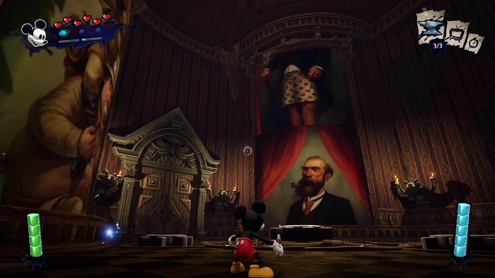 Mickey stands in a room inspired by the Haunted Mansion's Stretching Room in the Epic Mickey: Rebrushed video game