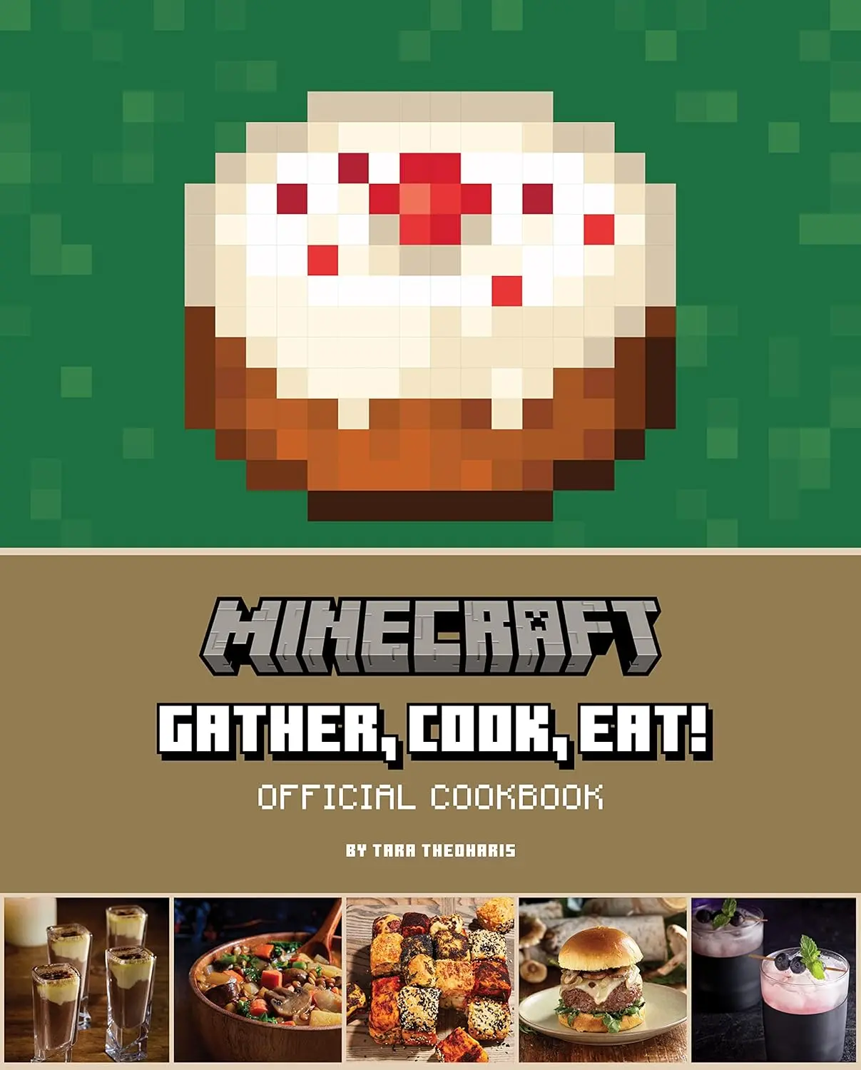 The front cover of the minecraft cookbook showing a pixelated bun and several photos of dishes