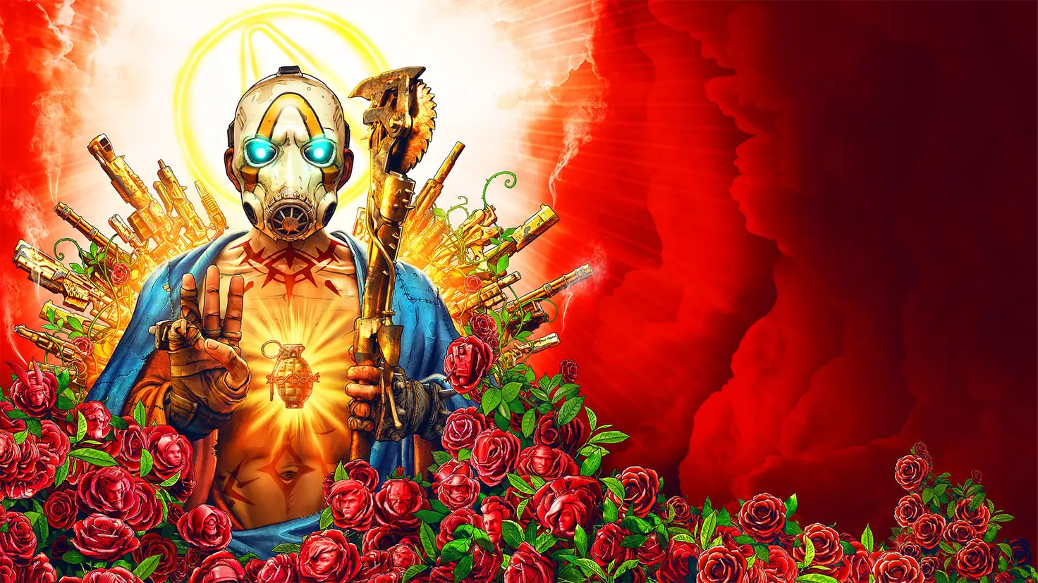 Borderlands 3 key art of a religious-like figure holding a saw weapon in one hand with loads of guns behind them and roses below.