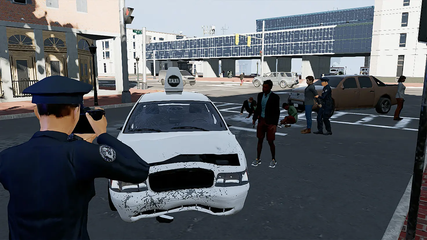 A police officer aims a camera at a taxi that has been involved in a traffic collision. A second officer places someone in handcuffs in the distance.