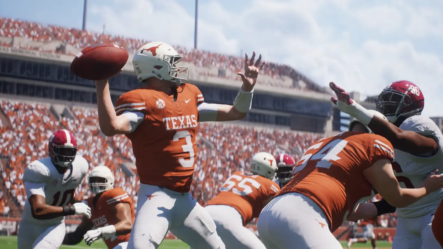 Texas Longhorns quarterback wearing the number 3 jersey prepares a throwing pass as blockers protect him in EA Sports College Football 25.