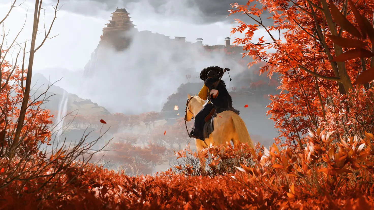 The Ghost of Yotei rides a horse amid autumnal leaves toward a distant castle on a hill