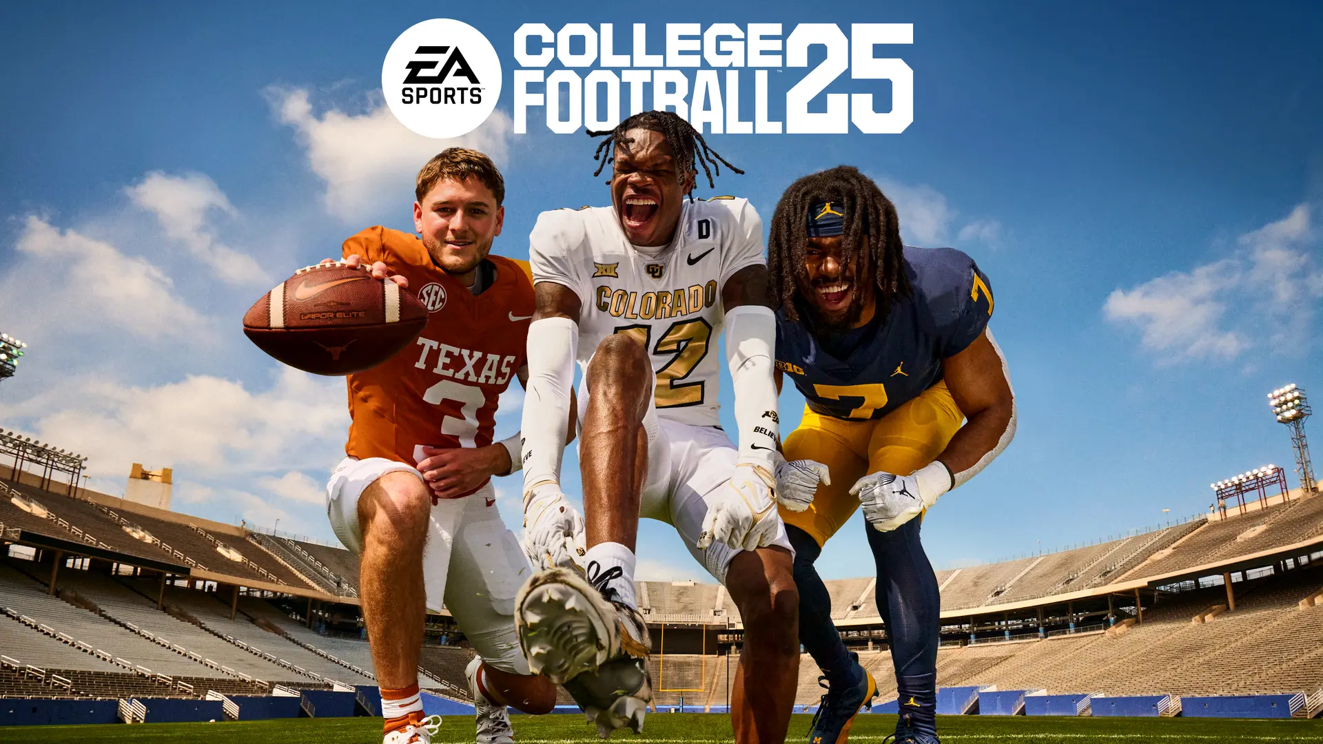 The Texas Longhorns' Quinn Ewers, the Colorado Buffaloes' Travis Hunter, and the Michigan Wolverines' Makari Page pose on a football field under the EA Sports College Football 25 logo