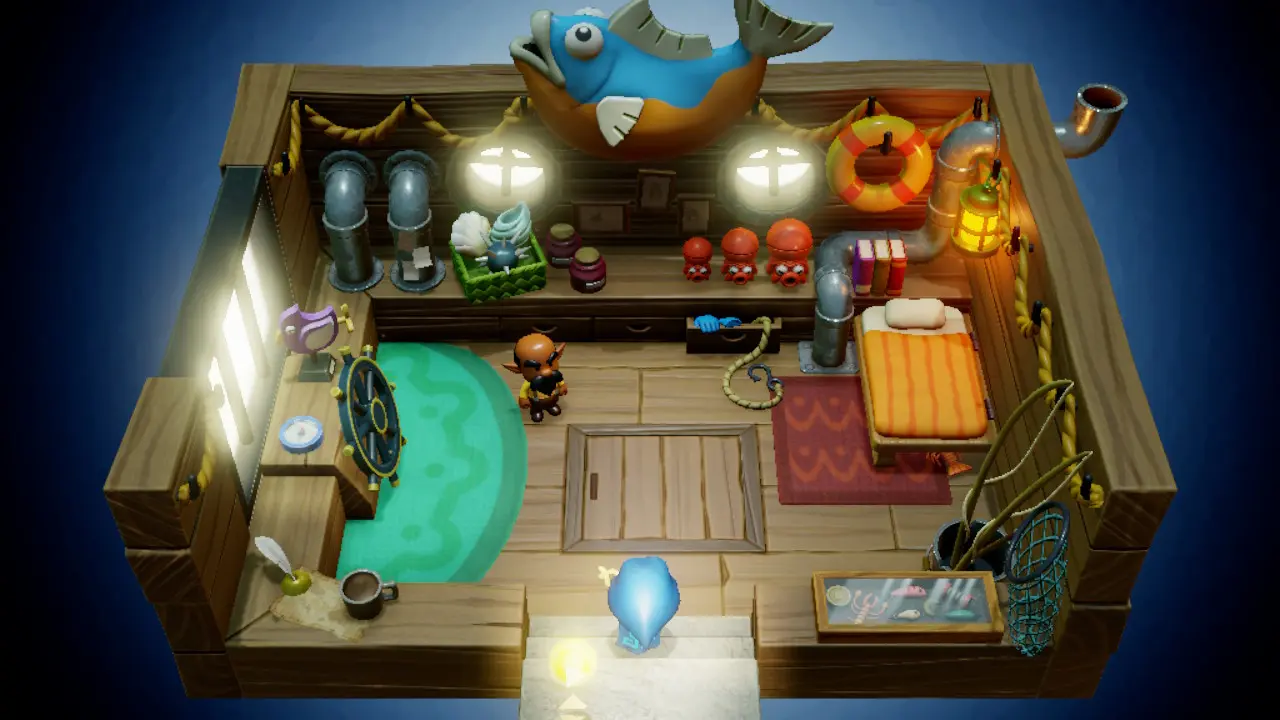 Zelda enters a houseboat with lots of fishing knick-knacks on the walls.