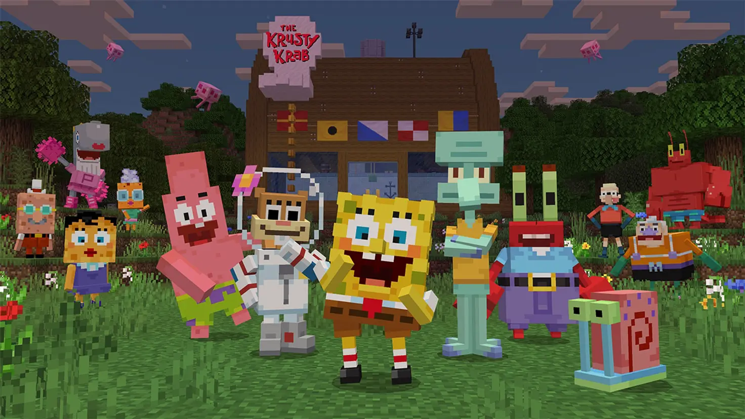 Minecraft versions of SpongeBob SquarePants, Patrick, and other characters from the SpongeBob SquarePants cartoon series stand in front of the Krusty Krab in a Minecraft world