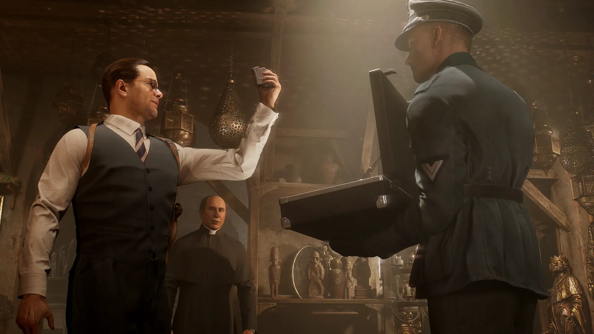 Emmerich Voss holds a stone triumphantly in the air in the Indiana Jones and The Great Circle video game