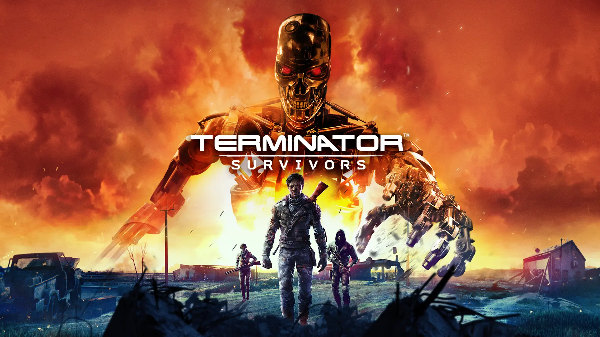 Three humans walk through a destroyed environment with a Terminator looming above. The Terminator: Survivors logo is centered.