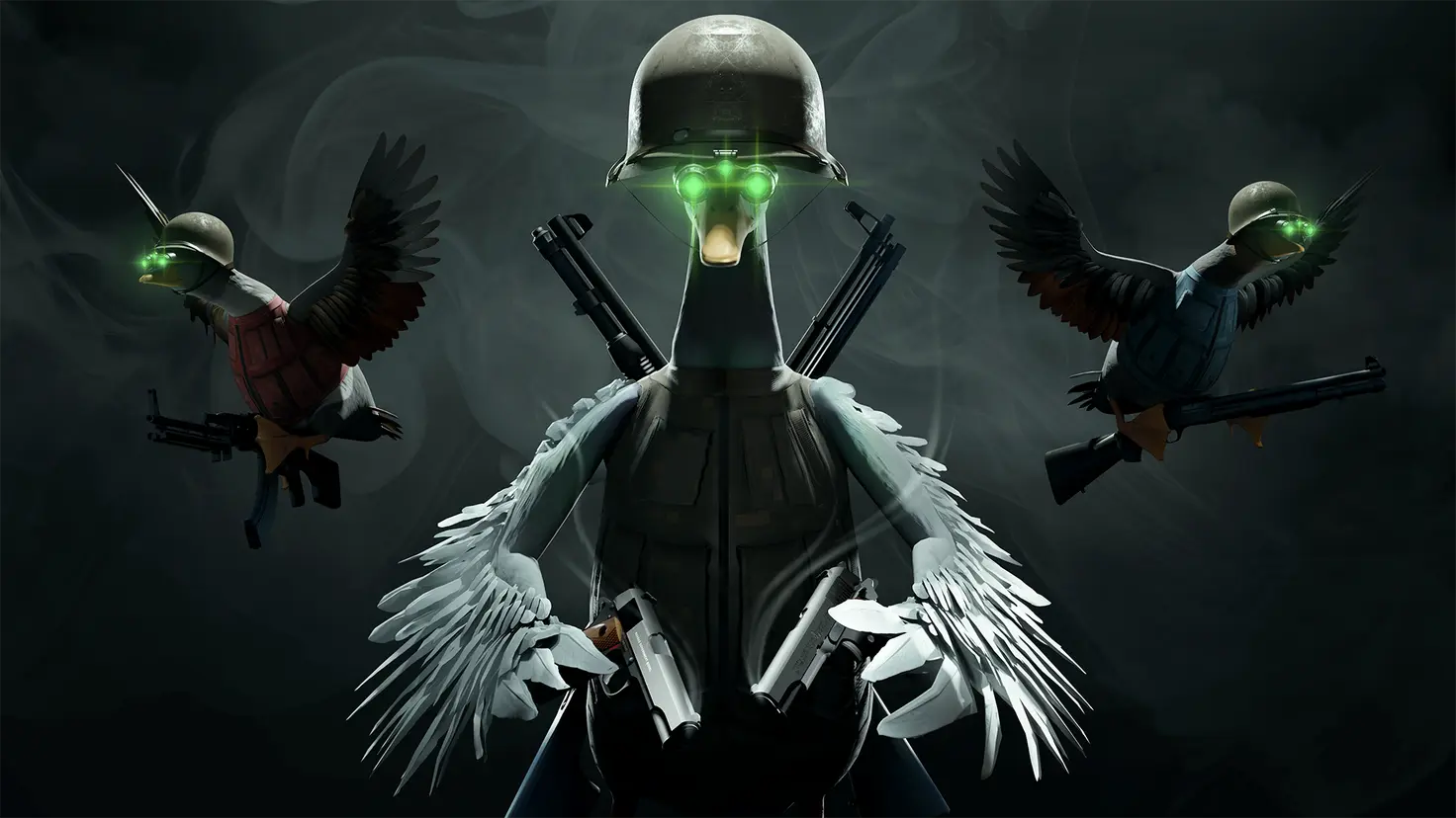 Three armed ducks wearing military gear and night-vision goggles against a black background