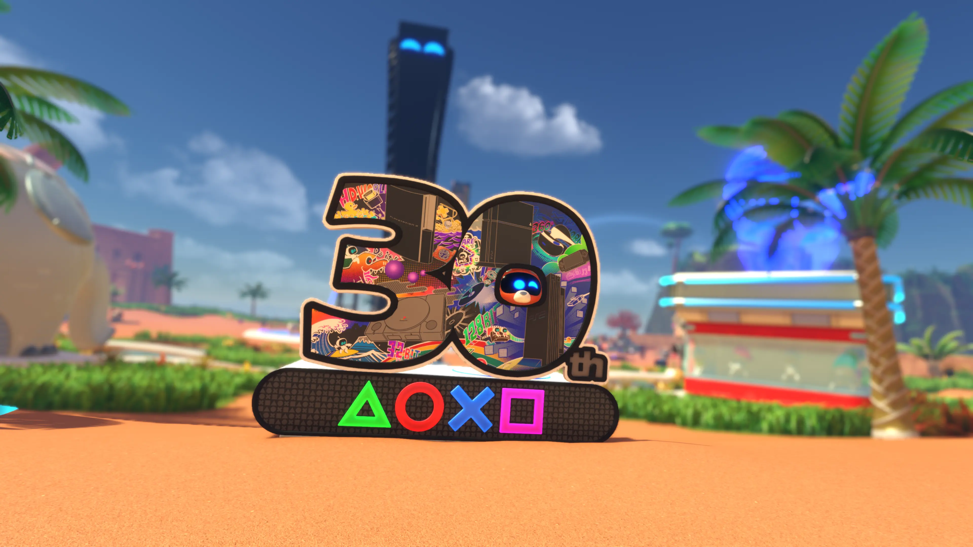 Astro Bot stands behind a cutout standee with his face in the middle of the 0 of a sign celebrating PlayStation's 30th anniversary.