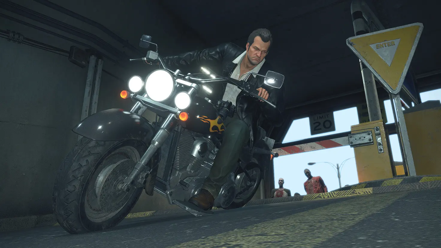 Frank from Dead Rising Deluxe Remaster rides a motorbike away from some zombies.