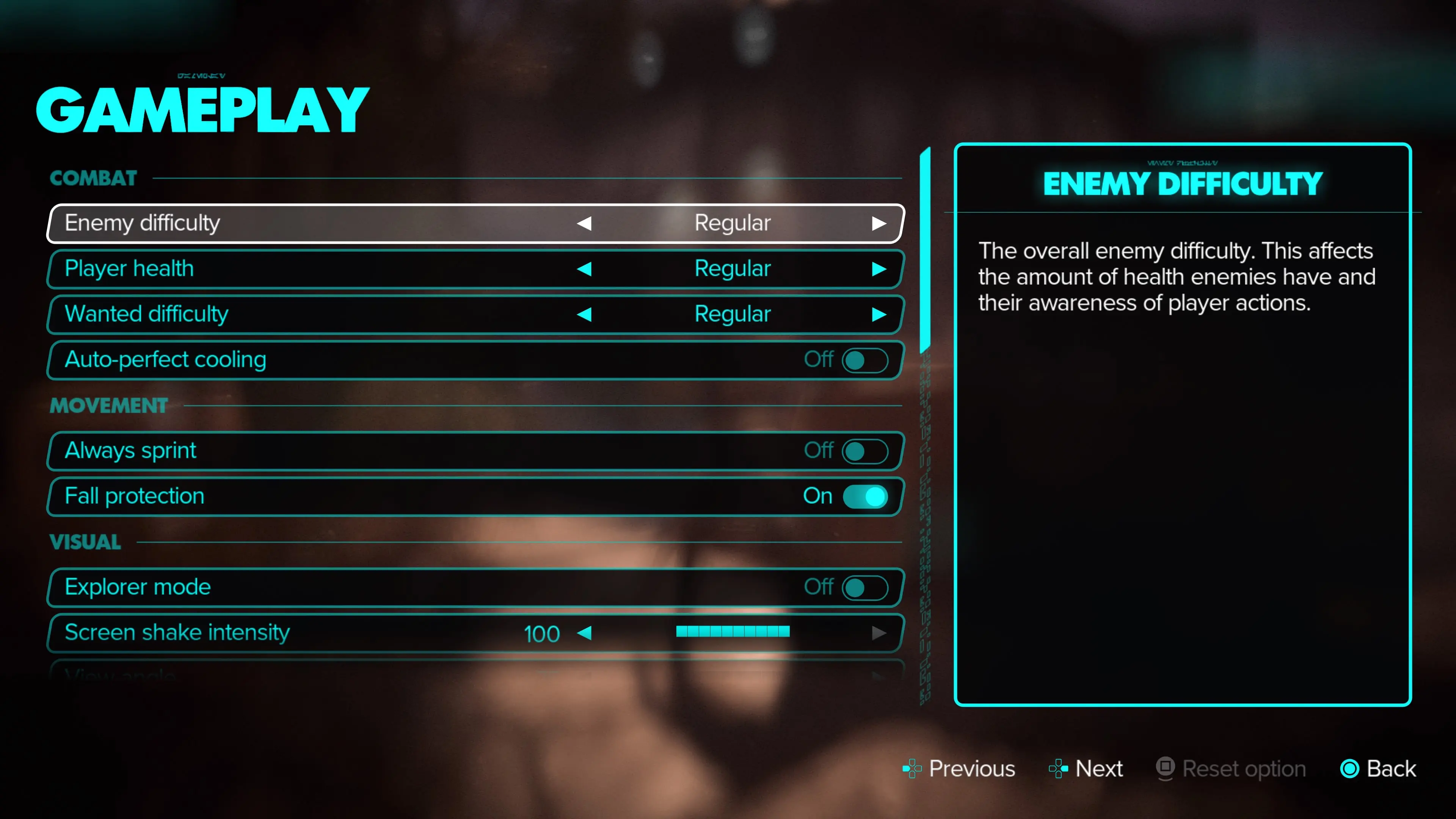 Screenshot from the Star Wars Outlaws video game showing some of the gameplay options players can change