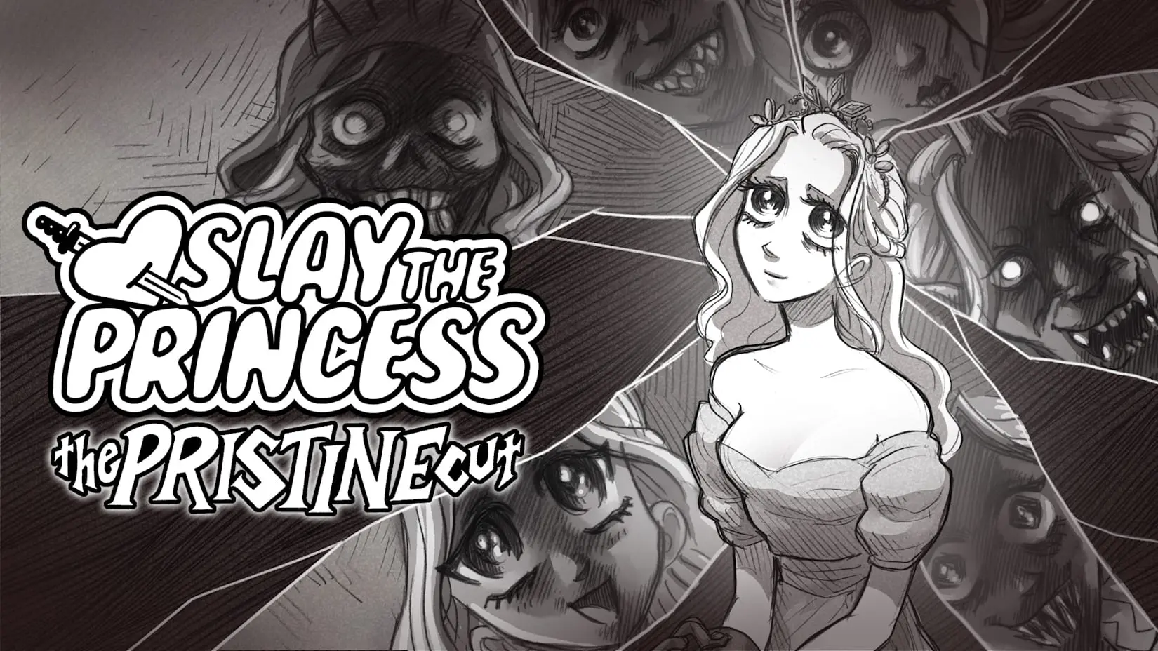 A princess in black and white surrounded by the faces of odd creatures. The Slay the Princess: The Pristine Cut logo is at left.