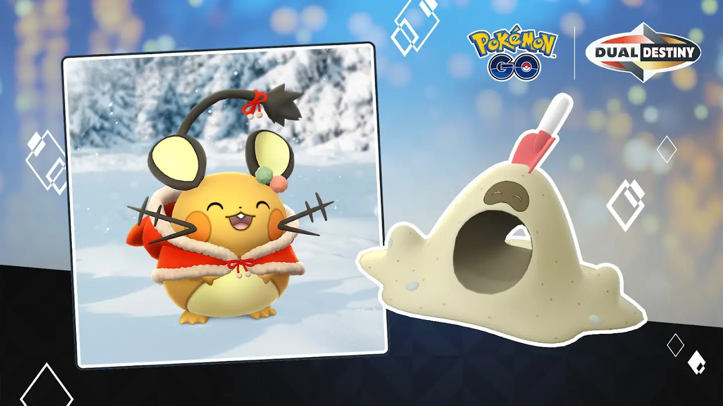 A pichu wears a santa outfit in a snowy landscape next to another slime-like pokemon