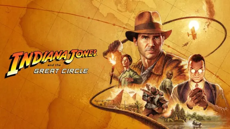 Indiana Jones and the Great Circle keyart, featuring Indiana flicking his whip over a montage of characters and villains from the story.