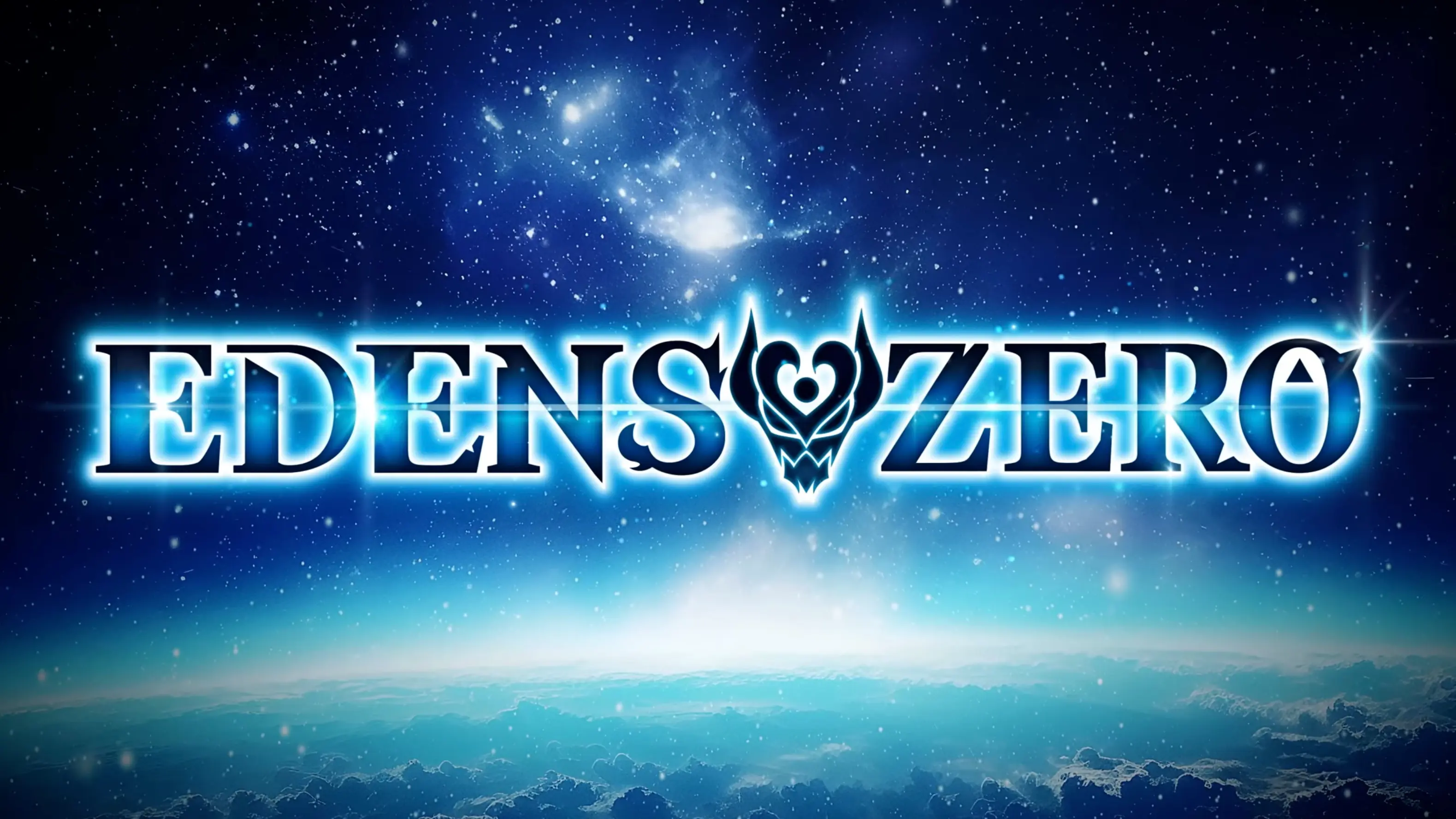 The blue and black Edens Zero logo against a starry background