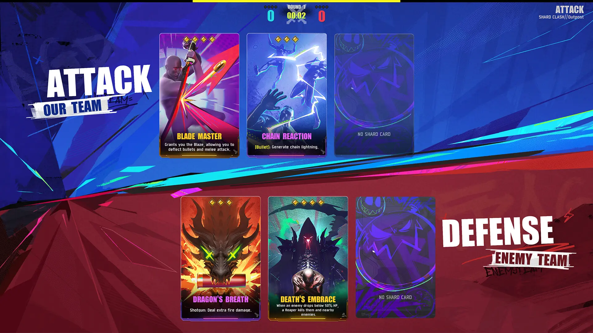 The three cards selected by the attacking and defending teams in Fragpunk prior to a match start