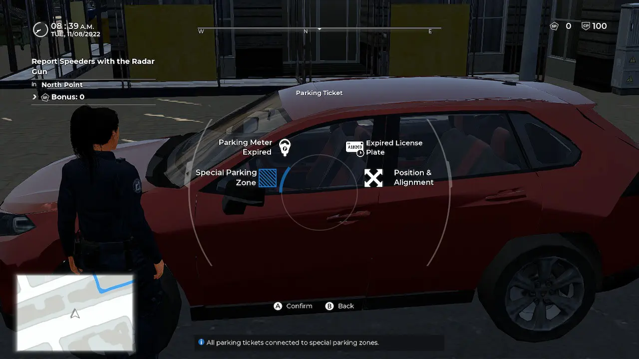 The Parking Ticket menu showing four ticketing options players can choose from in the Police Simulator: Patrol Officers video game