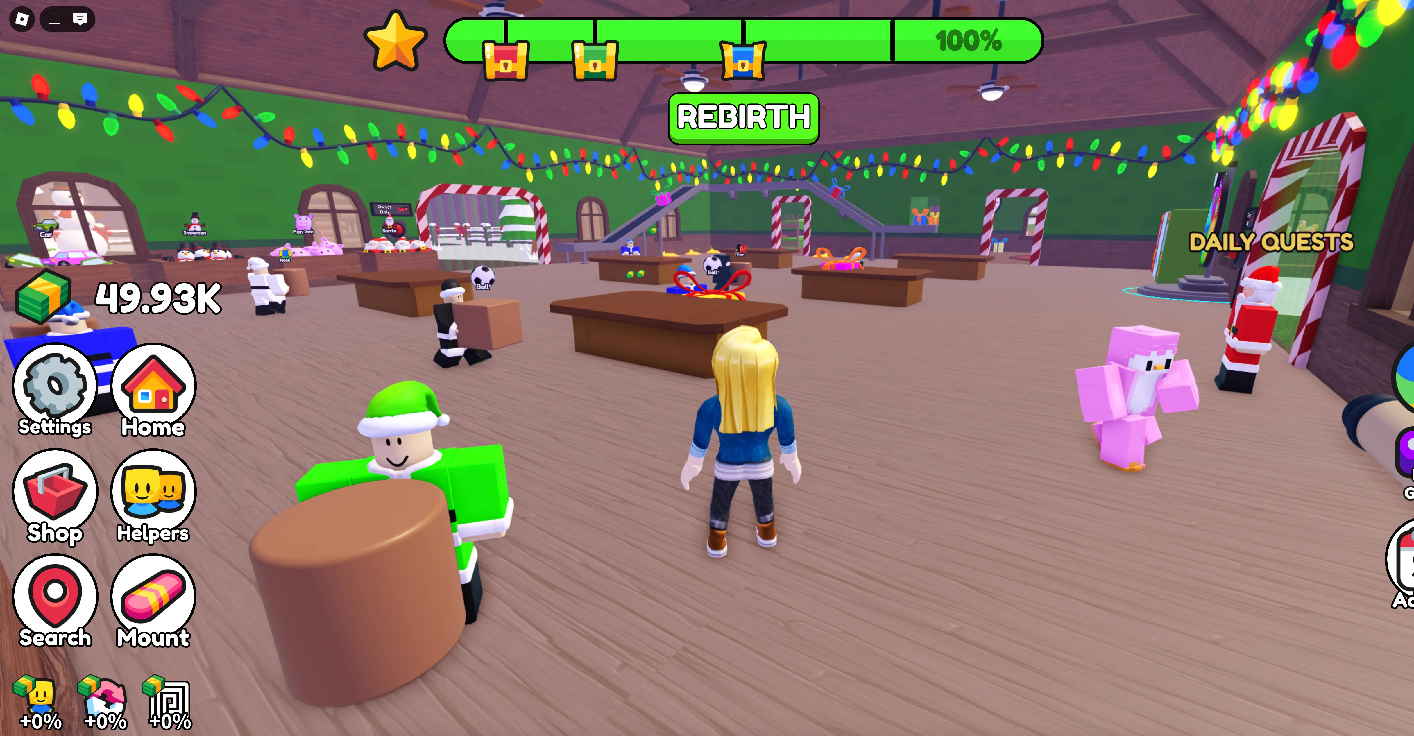 A Roblox avatar watches elves wrapping presents in the Christmas Tycoon Roblox experience