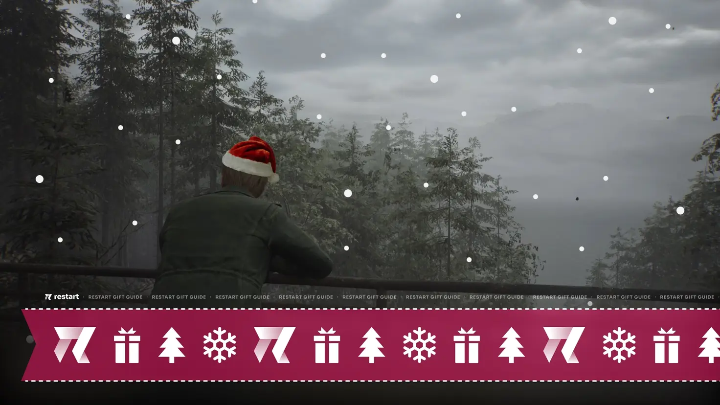 James Sunderland looks over a forest in horror game Silent Hill 2. He has been edited to wear a Christmas hat.