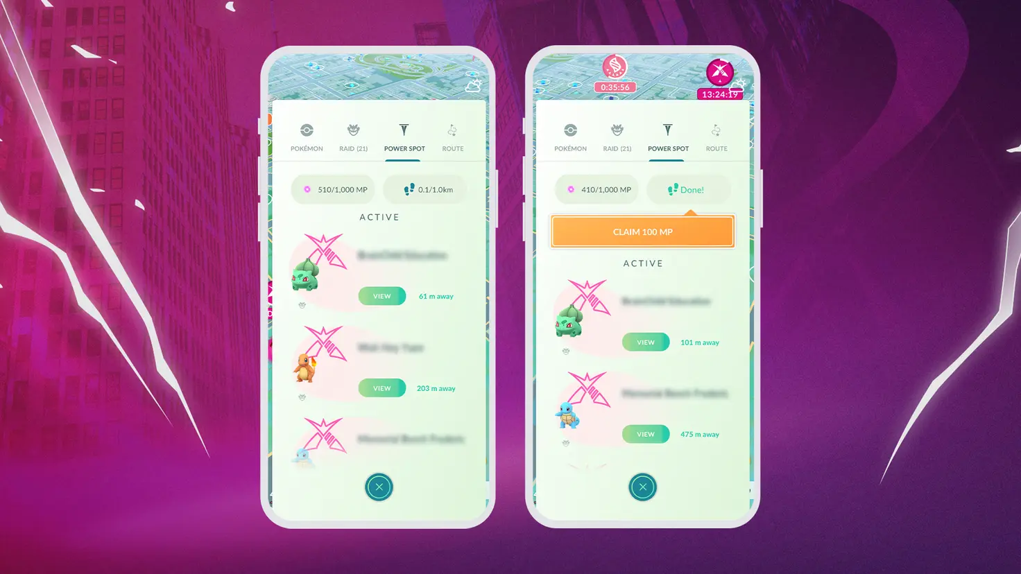 Two screenshots showing the Power Spot tab in the Pokemon Go mobile game