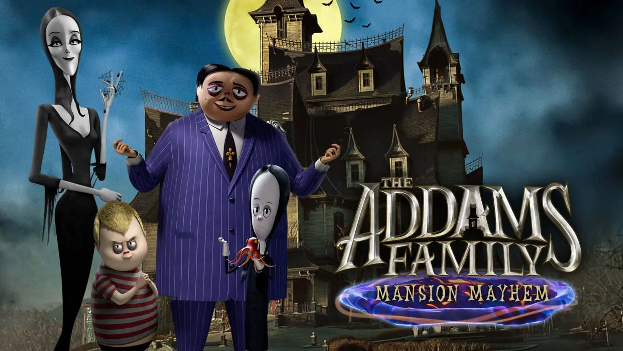 The Addams Family standing in front of their mansion at night. The Addams Family: Mansion Mayhem logo is at bottom-right.