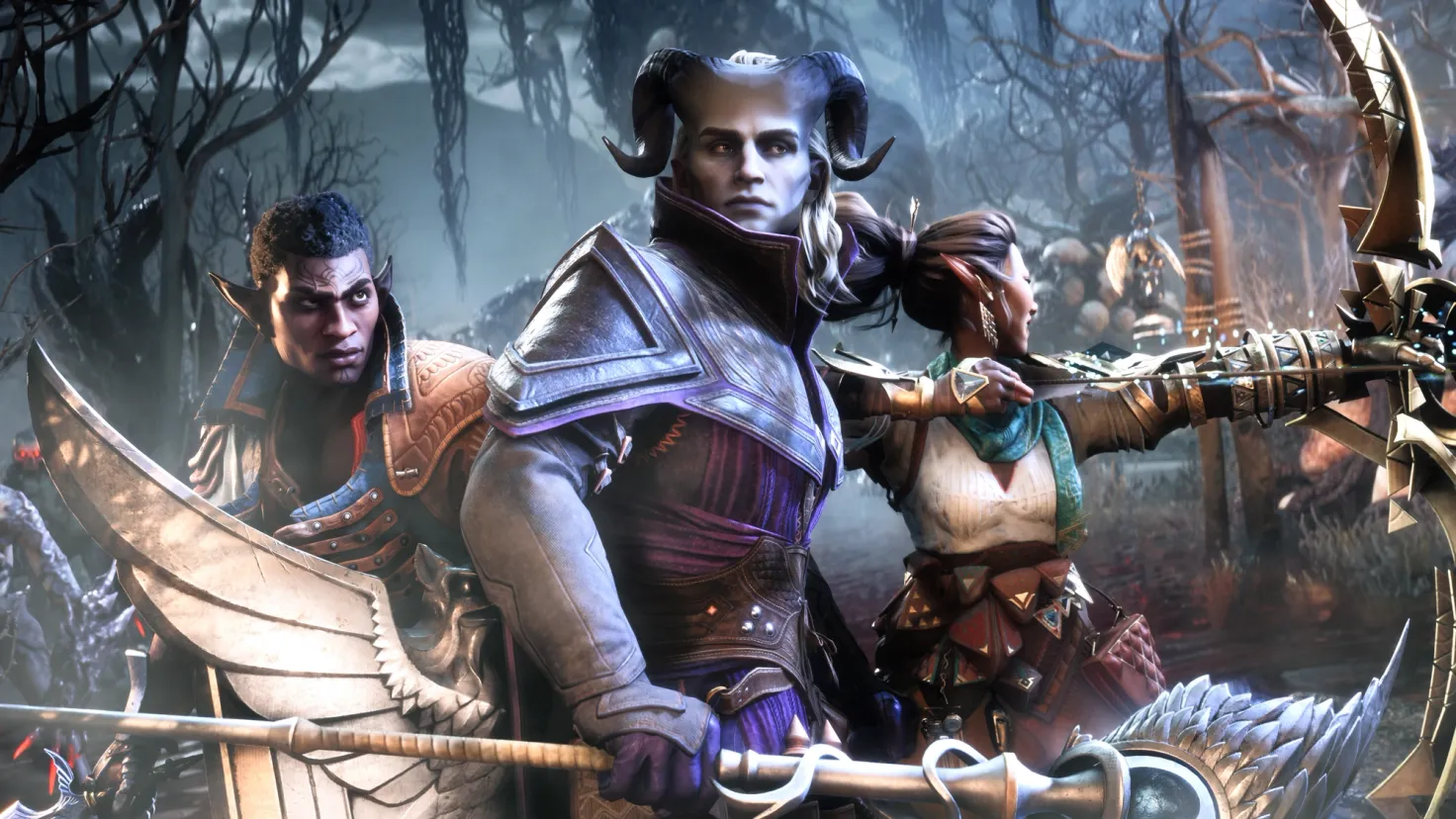 Rook stands in a battle pose alongside two companions in Dragon Age: The Veilguard