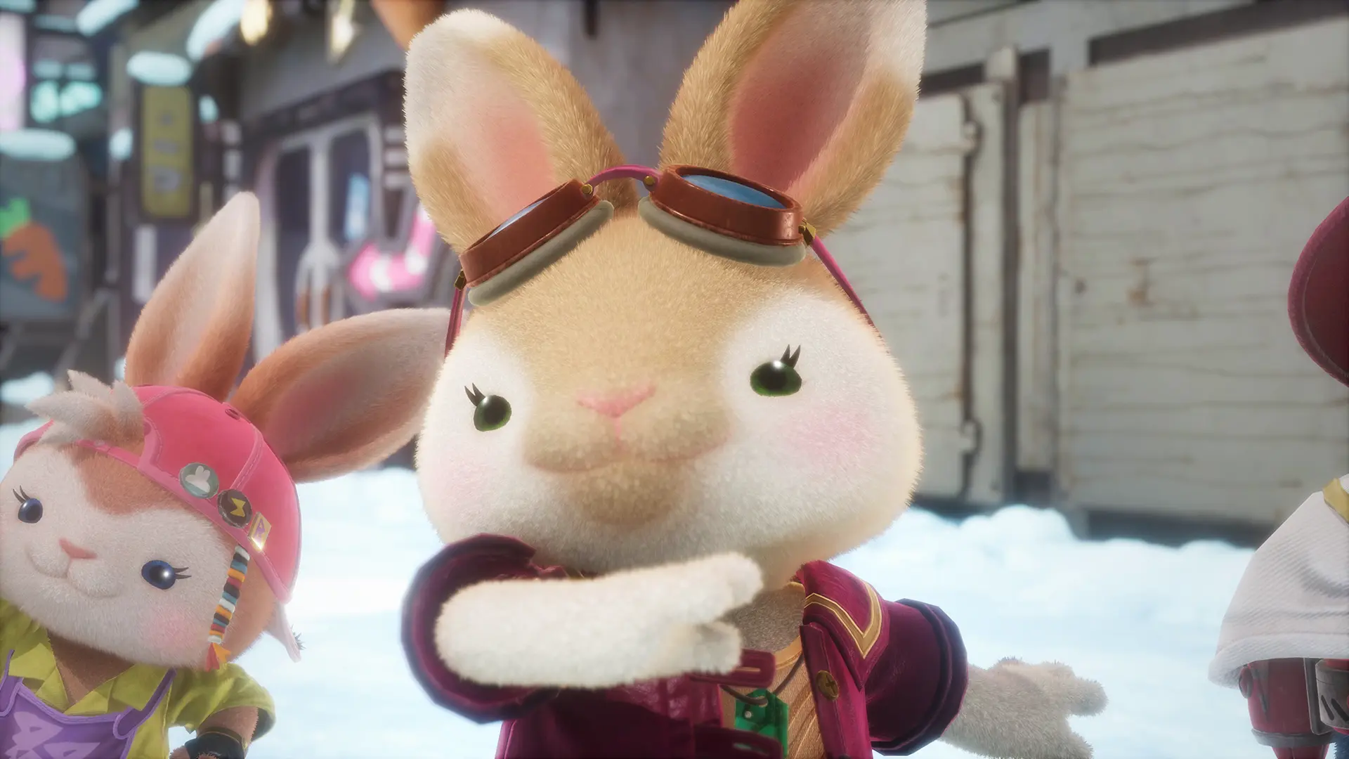 A tan rabbit with pink cheeks and green eyes wearing red goggles on her head