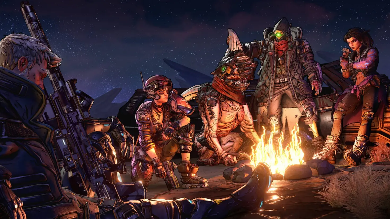 Borderlands 3 characters gather around a campfire