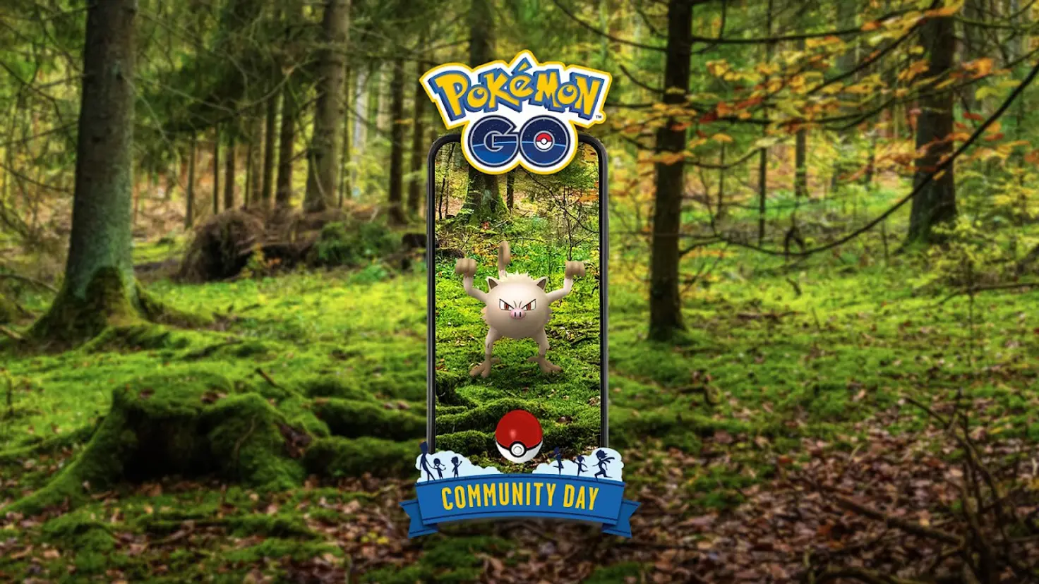 Mankey stands on moss-covered ground in a lush forest