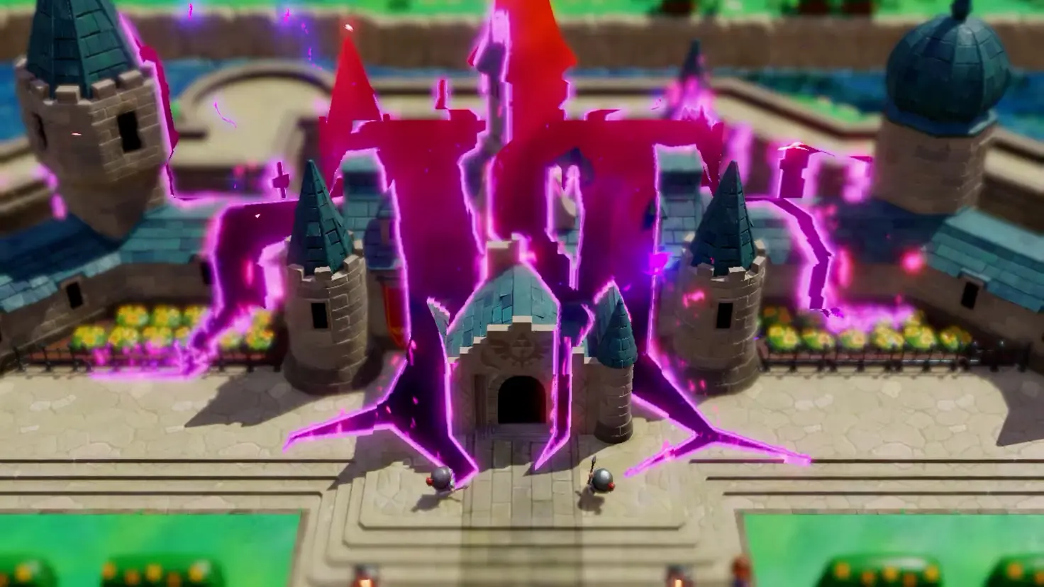 Hyrule castle covered in a pink and purple rift in The Legend of Zelda: Echoes of Wisdom video game