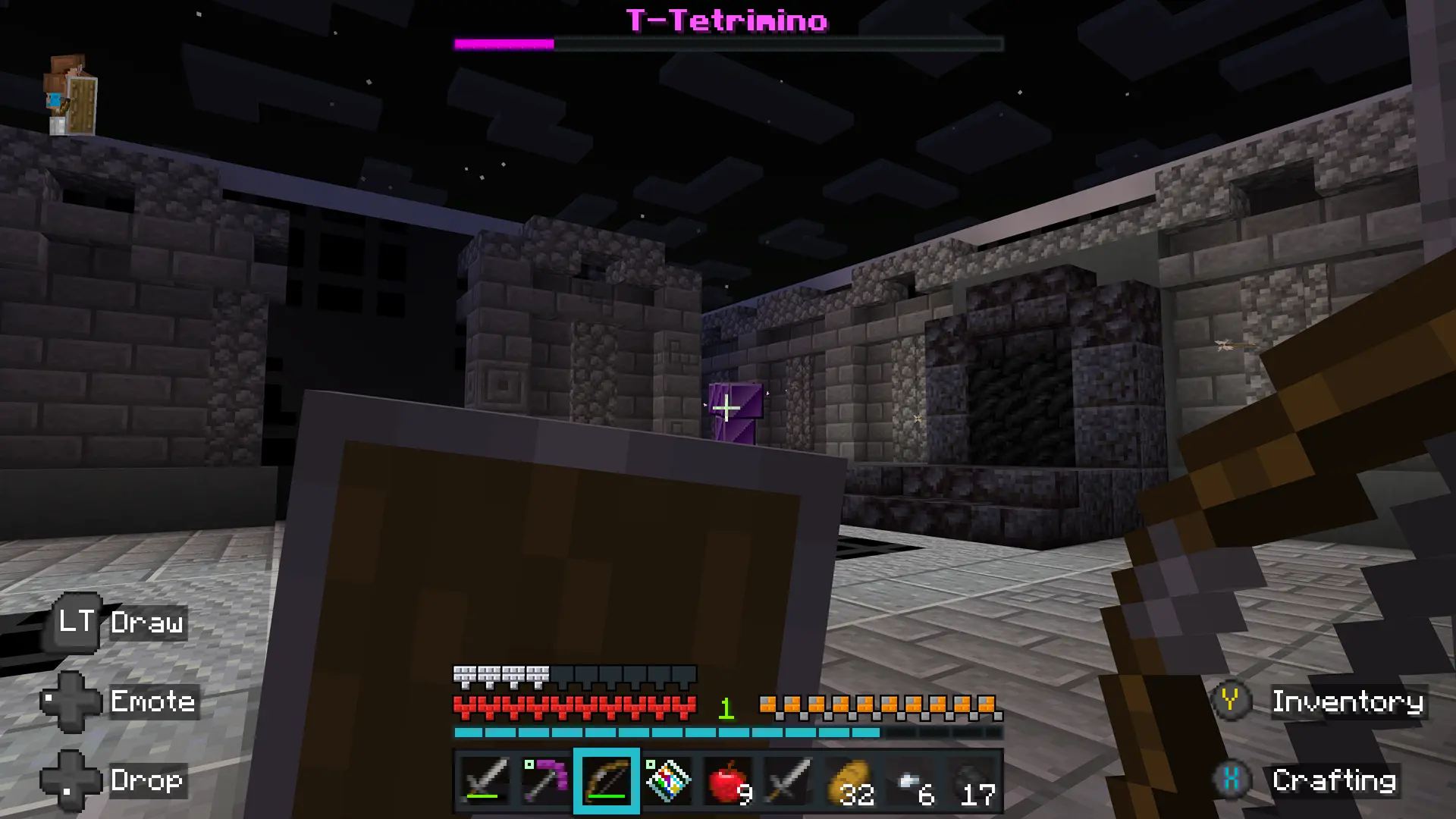 A Minecraft player holds a bow and shield as they face off against the T-Tetrimino in the Minecraft Tetris DLC