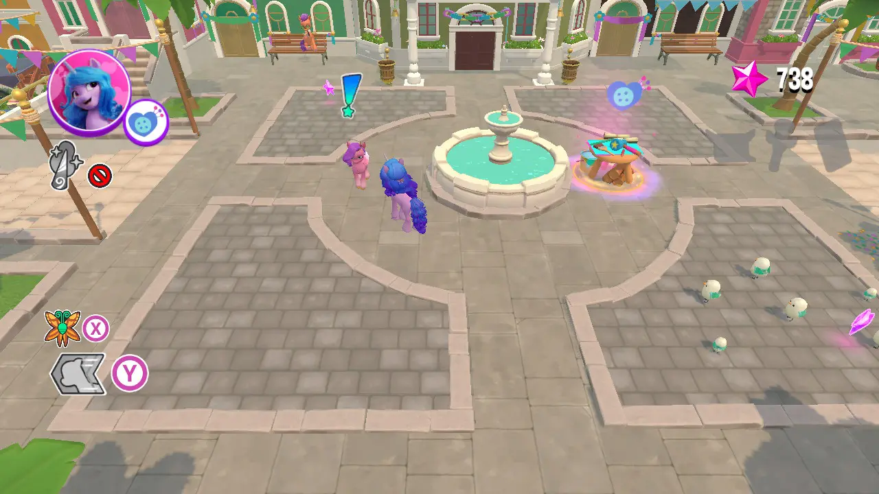 A purple pony prepares to talk to a pink pony in a town square setting