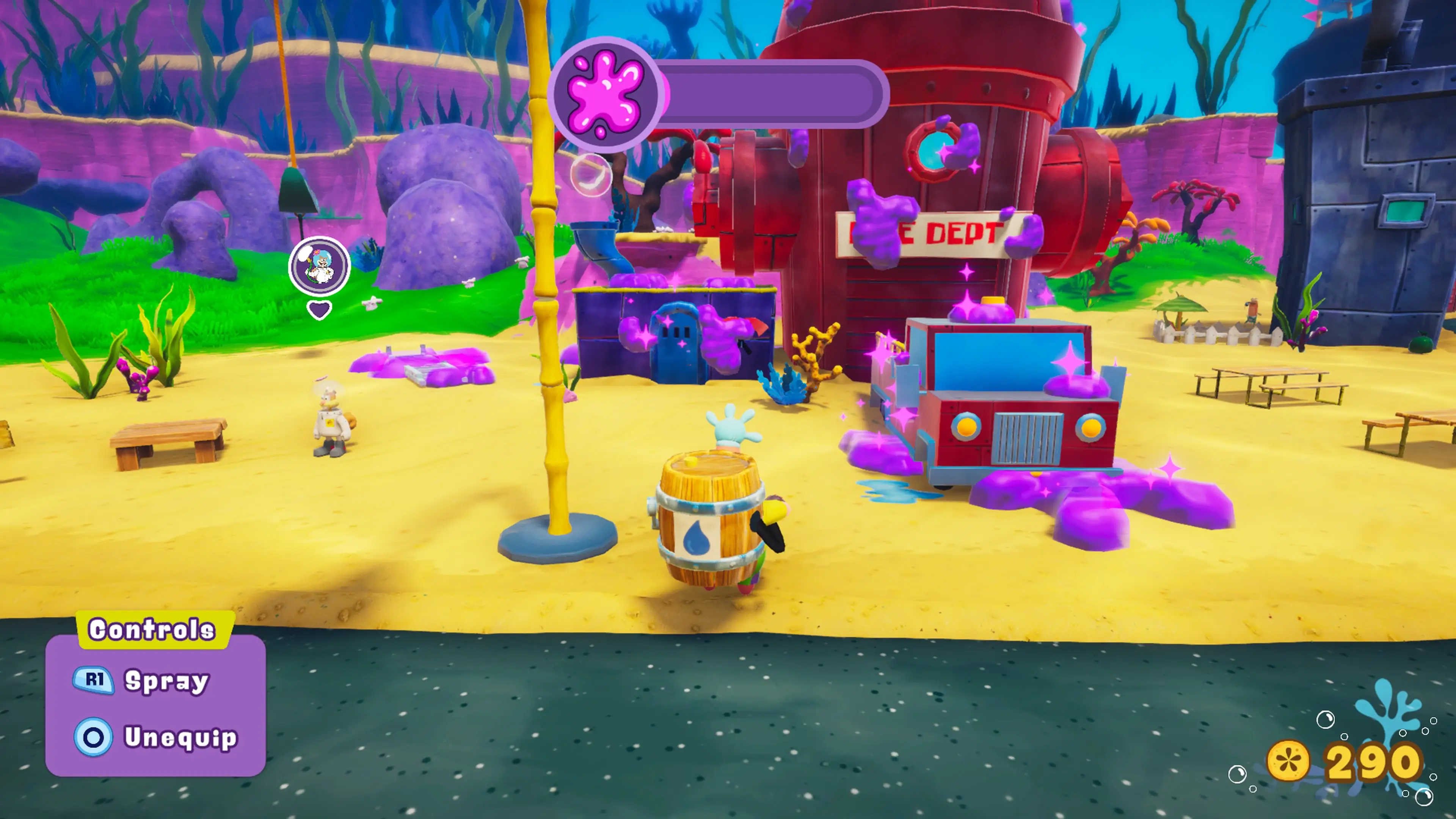 Patrick Star equipped with a water barrel looks at the Bikini Bottom fire department, which is covered in purple jelly