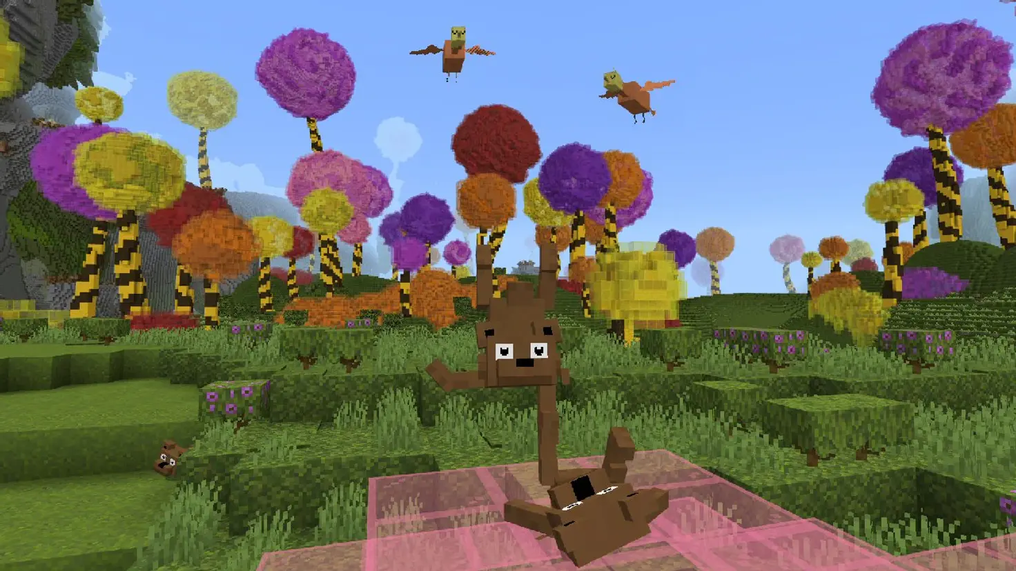 Bar-ba-loots near colorful trees in The Lorax experience in Minecraft's Dr. Seuss DLC