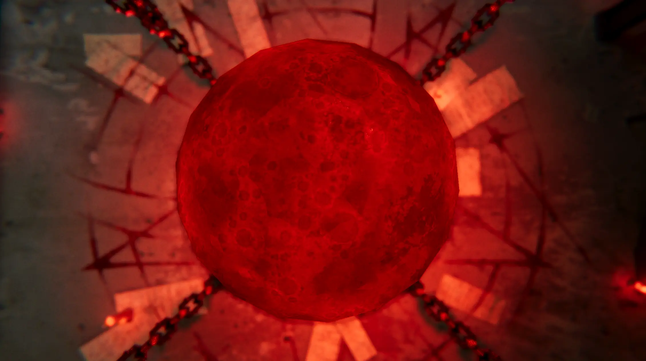 A large blood red moon linked by four chains and surrounded by a ritual circle