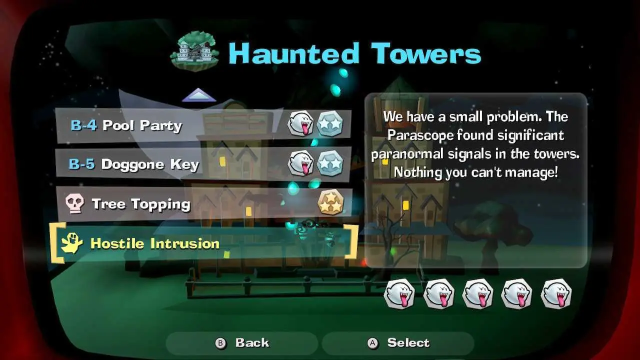 The level selection for the Haunted Towers area in Luigi's Mansion 2 HD