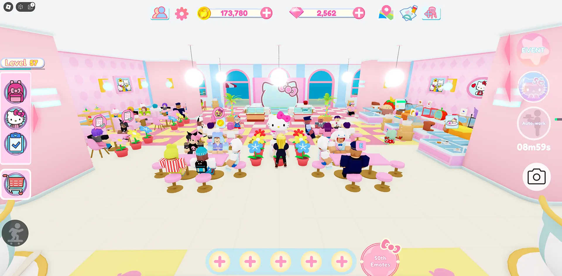 A Roblox player stands inside their Sanrio-themed cafe in the My Hello Kitty Cafe Roblox experience