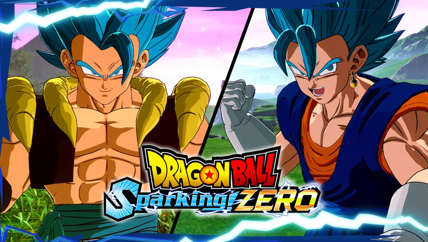 Two illustrated warriors in battle poses with the Dragon Ball Sparking Zero logo centered at bottom