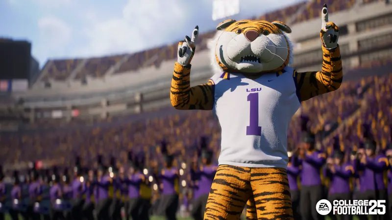 A tiger mascot for LSU points to the sky in EA Sports College Football 25