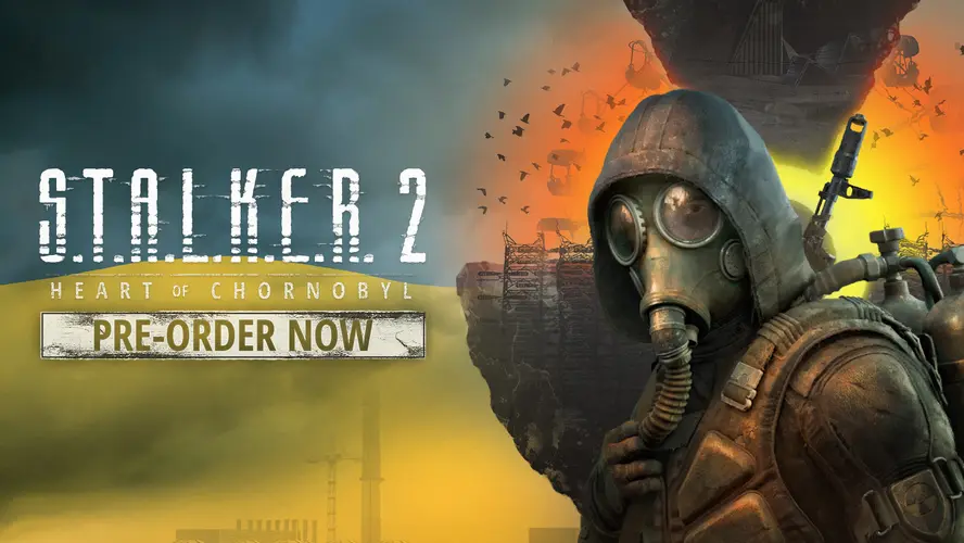 Person wearing protective clothing and equipment at right with the Stalker 2: Heart of Chornobyl pre-order logo centered vertically at left