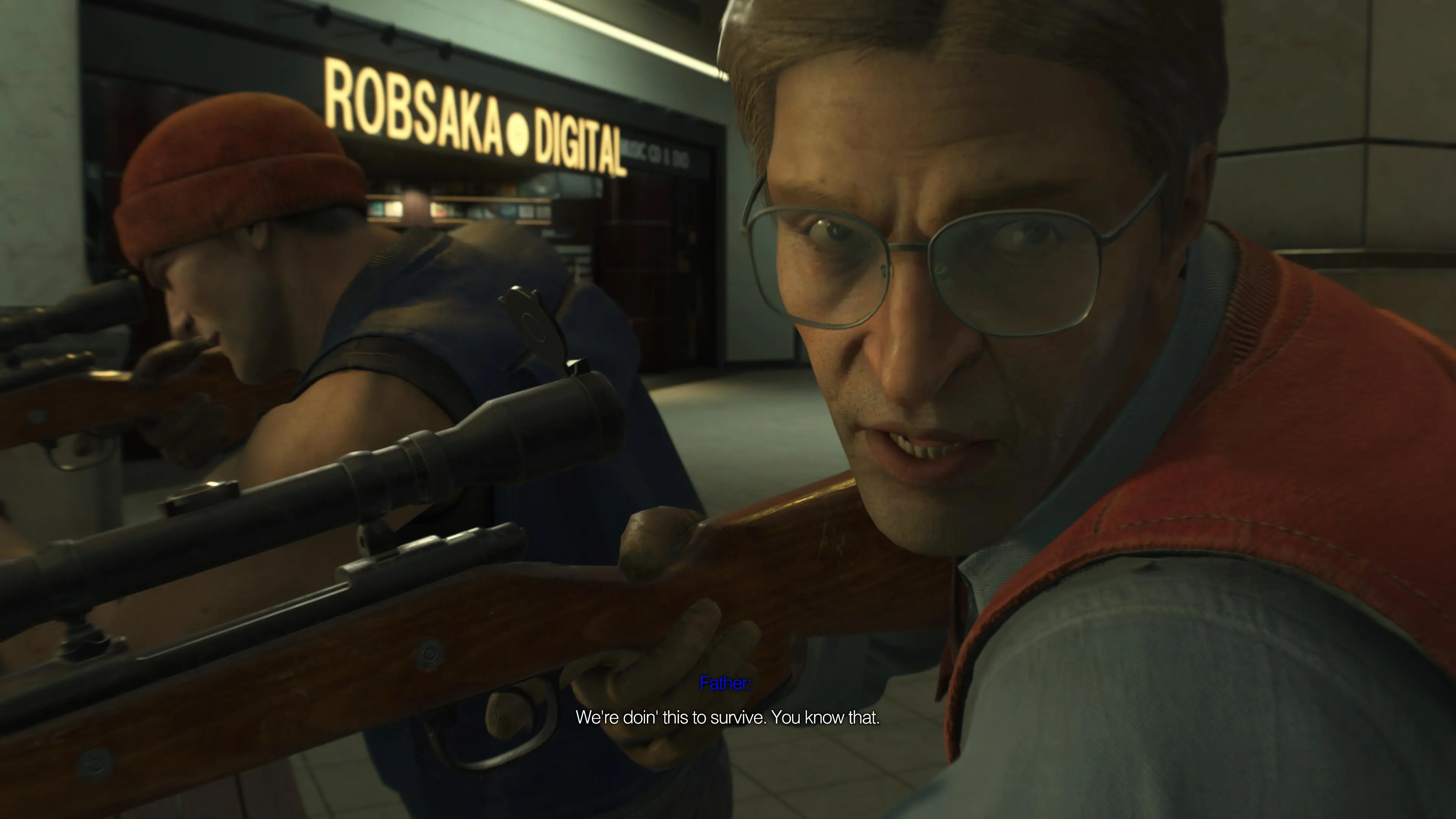 Two snipers aim down their rifles in Dead Rising. One is saying to the other "We're doing this to survive, you know that."