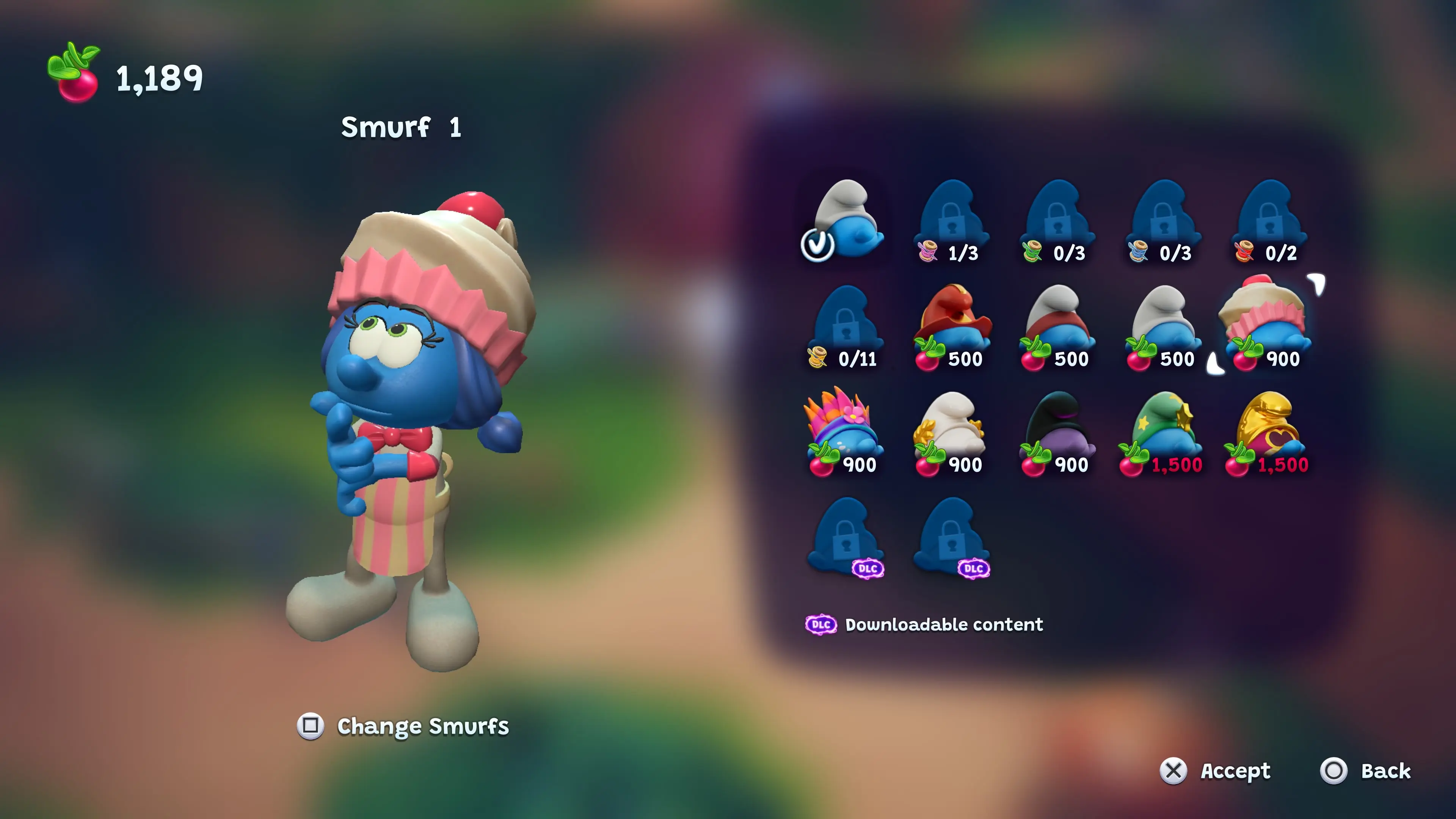 A female Smurf trying on a baker's outfit in The Smurfs: Dreams video game