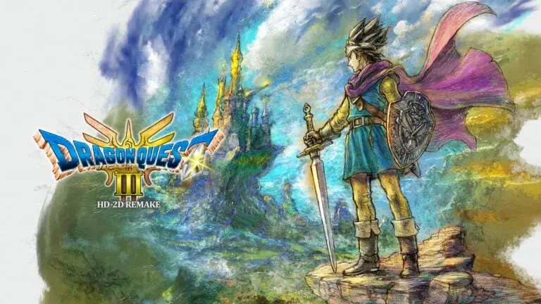 Keyart for Dragon Quest 3 HD-2D Remake featuring the protagonist planting their sword in the ground and looking out at a castle, the game logo is superimposed on top.